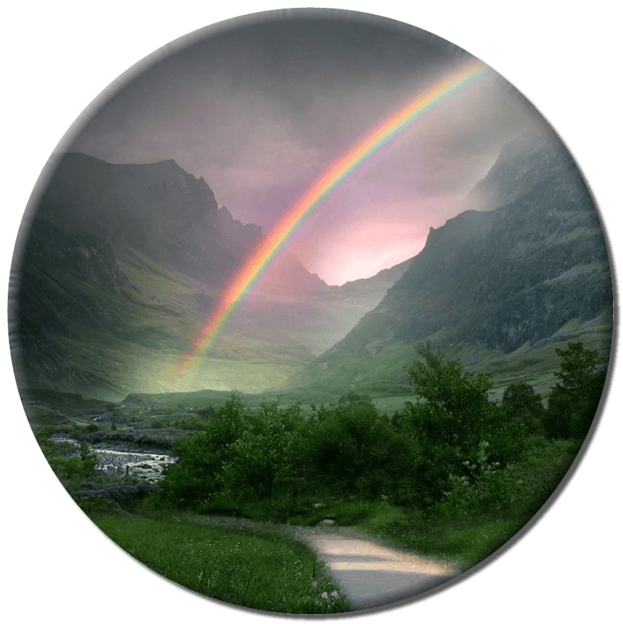 Rainbow over lush green valley with mountains and cloudy sky, symbolising regenerative sustainability.
