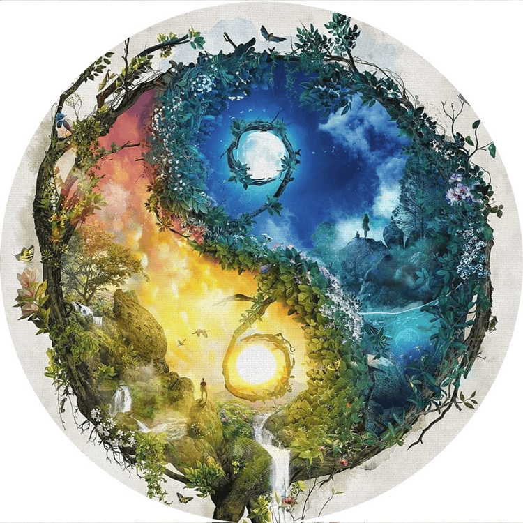 Yin and Yang symbol with nature scenes representing balance and harmony.