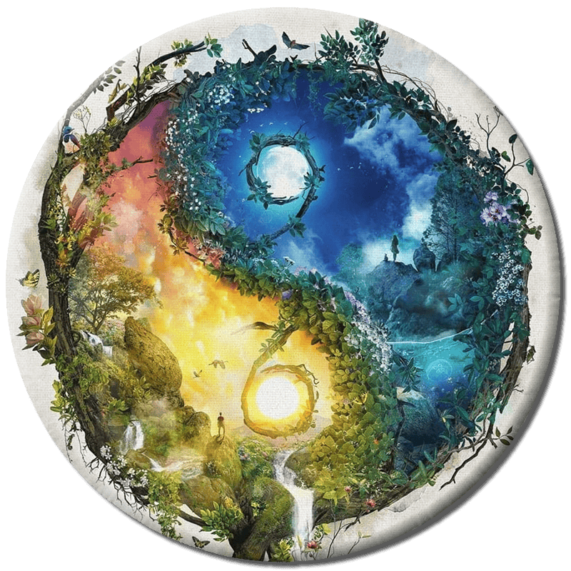 Yin Yang symbol made of vibrant nature scenes and wildlife.