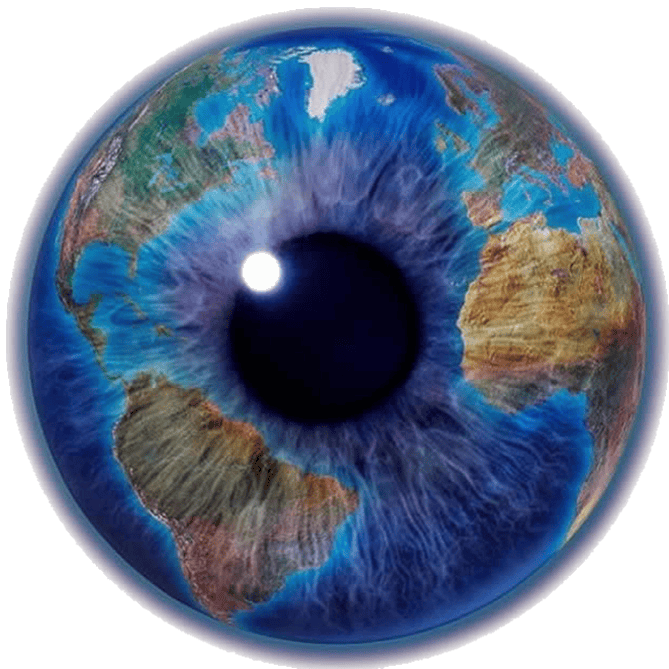 Close-up of a human eye with a world map reflected in the iris.